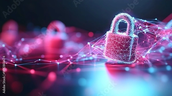 Obraz Glowing polygonal padlock rests on a network of pink and blue light nodes, suggesting digital security