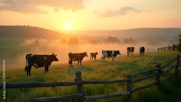 Fototapeta Cows Grazing in Field at Sunrise: Scenic Pasture with Livestock, Fog, and Golden Light in the Countryside