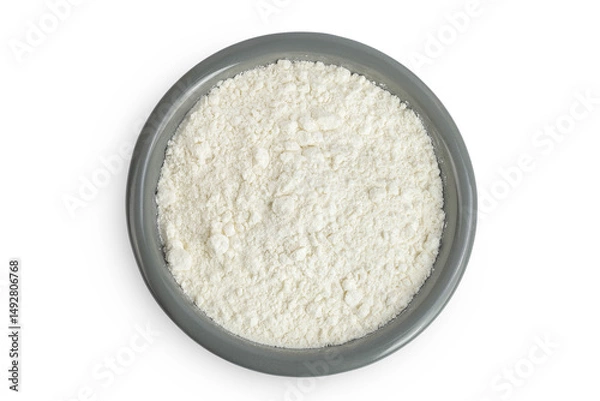 Obraz White flour in ceramic bowl isolated on white background. Top view. Flat lay.