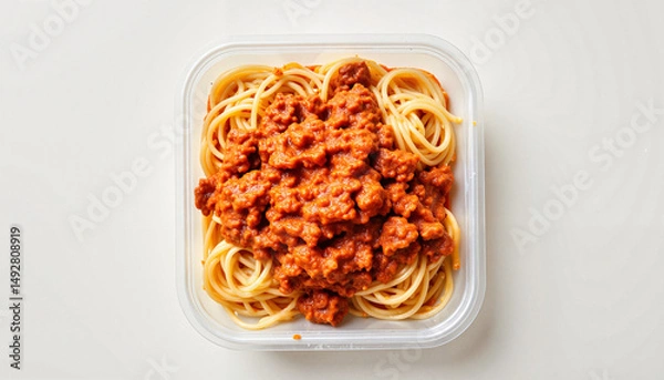 Fototapeta Spaghetti with meat sauce in plastic container on white background  