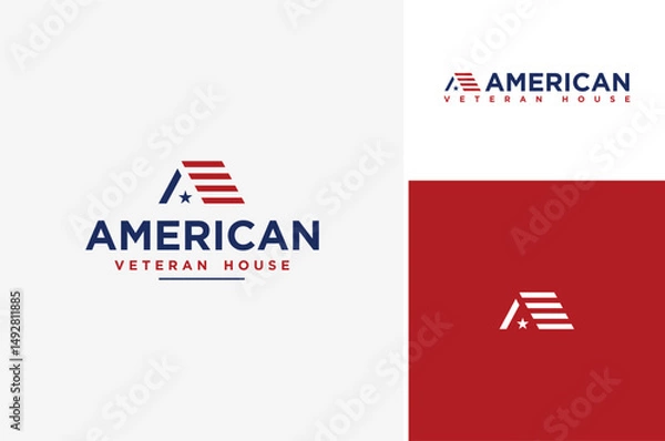 Fototapeta American National USA Flag become A House Roof for Army Military Veteran Home Residential initial A letter A Logo Design