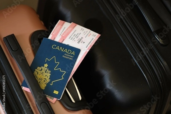 Fototapeta Canadian passport with tickets lies on touristic suitcase close up in airport waiting hall. Travel worldwide and international tourism concept