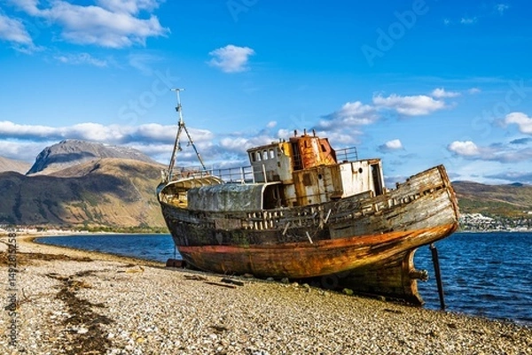 Fototapeta View of Corpach Wreck or Old Boat of Caol and Nevis Range Mountains, Caol Beach, Corpach, Fort William, Highland, Scotland, UK