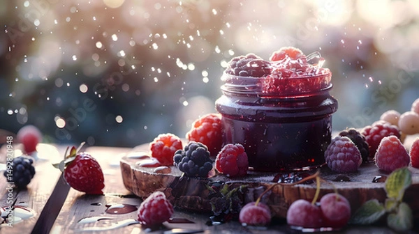 Obraz A calming  arrangement of a glass jar filled with glossy berry jam, surrounded by fresh and frozen berries, placed on a textured wooden slab. A splash of water adds movement.
