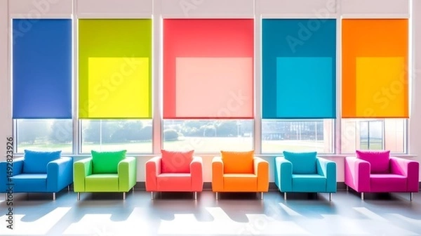 Obraz Vibrant rainbow roller blinds and matching armchairs line a large window, casting colorful shadows on the floor