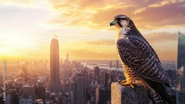 Obraz Majestic Falcon overlooking the Golden Hour Skyline of New York City