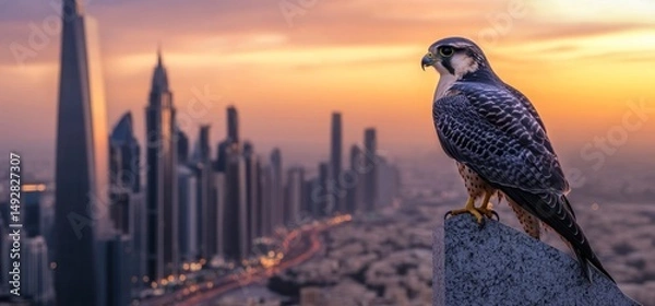 Obraz Majestic Falcon overlooking Dubai Skyline at Sunset