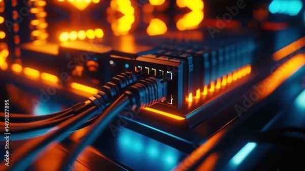 Obraz Fiber Optic Cables Connected to Server Racks Glowing in Neon Orange and Blue Light