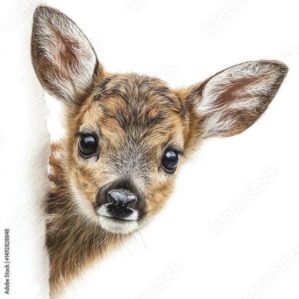 Fototapeta Close-up view of a curious fawn peeking from behind a white background, showcasing its big eyes and soft fur