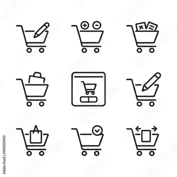 Fototapeta Edit and Update Shopping Cart Icons. Simple Line Icons Depicting E-commerce and User Actions
