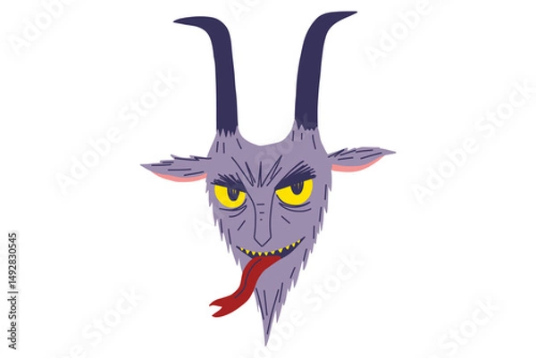 Obraz Cartoon krampus illustration. Halloween demon devil. Scary face. Sticker print logo icon. Stock vector illustration isolated on white background.