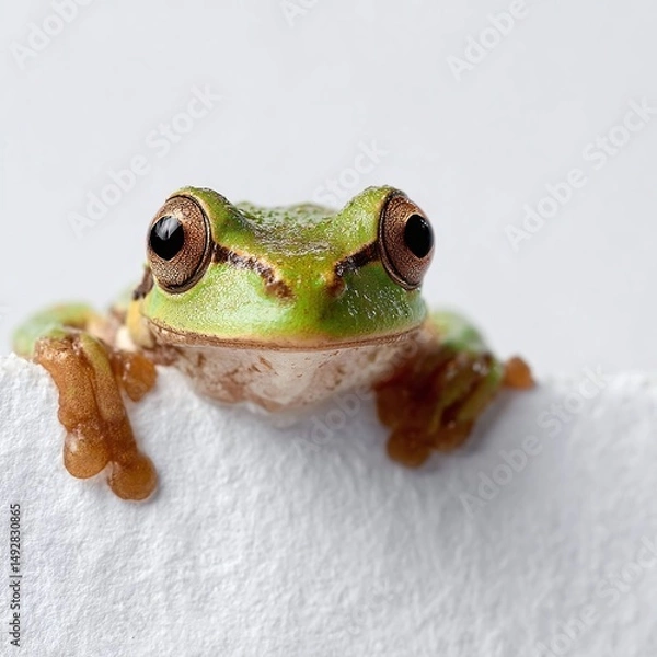 Fototapeta Close-up of a vibrant green frog perched on the edge of a white surface with soft lighting