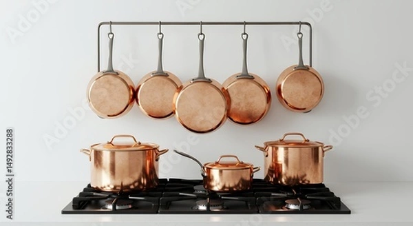 Obraz Arrangement of Copper Cookware Hanging Above a Modern Gas Stovetop on White Background