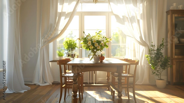 Obraz A dining room with a wooden table and chairs with sunlight streaming through the sheer curtains