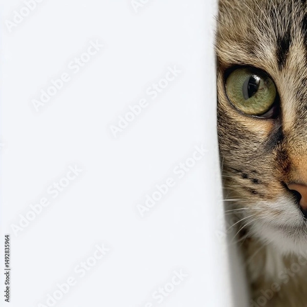 Fototapeta Close-up of a curious cat peeking around a corner, with a blurred white background enhancing focus