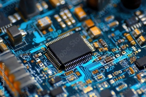 Obraz Circuit Board Close-up: Teal Traces and Integrated Chip