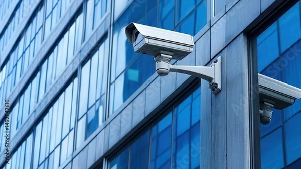 Fototapeta Two security cameras mounted on a building facade, with a modern glass facade in the background.