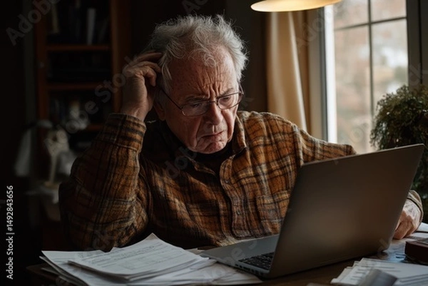 Obraz Frustrated senior man struggles with laptop in dimly lit workspace surrounded by paperwork, Frustrated senior man working on a laptop computer and looking at paperwork Shot on RED Epic