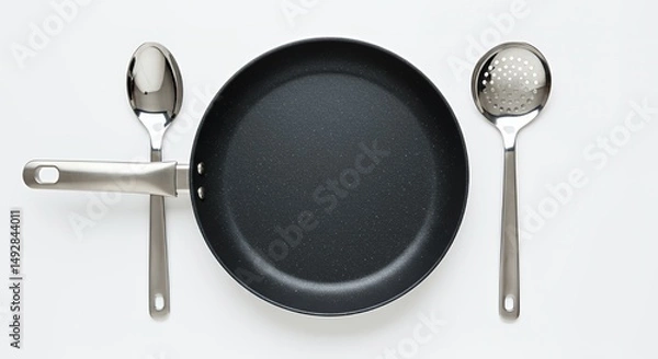 Obraz Overhead View Nonstick Frying Pan with Stainless Steel Cooking and Slotted Spoons Isolated on White Background