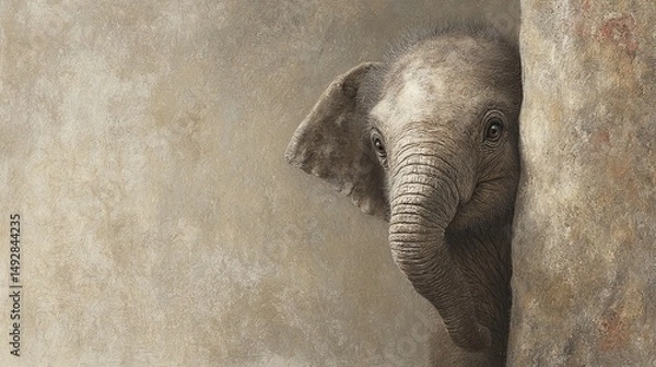 Fototapeta Young elephant peeking from behind a textured wall, showcasing curiosity in a serene environment