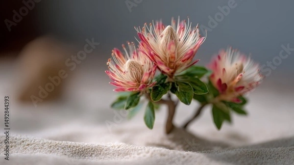 Fototapeta Delicate Pink and White Flowers on Sandy Surface with a Gentle Background Blur in a Tranquil Natural Setting