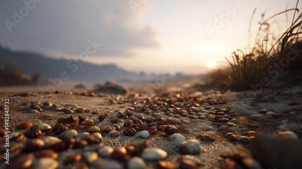 Fototapeta Tranquil Beach Sunset with Colorful Shells and Pebbles on the Shoreline, Capturing Nature’s Beauty and Serenity
