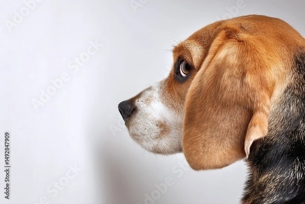 Fototapeta Profile view of a beagle dog gazing thoughtfully to the side against a neutral background