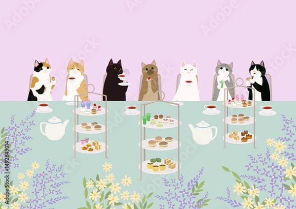 Obraz 高級ホテルでアフタヌーンティーを楽しむ7匹の猫