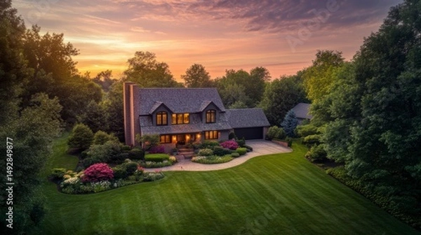 Obraz Luxurious house nestled in a lush green landscape at sunset.