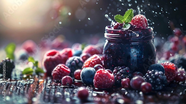 Fototapeta A calming array of a glass jar filled with glossy berry jam, surrounded by fresh cranberries and frozen blueberries, isolated on a pure white background.