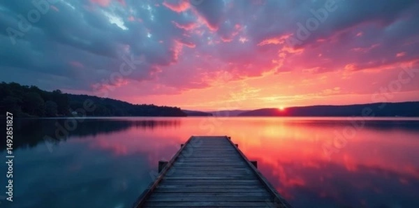 Fototapeta Sunrise paints the sky above a quiet Torch Lake dock reaching into the still water , dawn, quiet, photography
