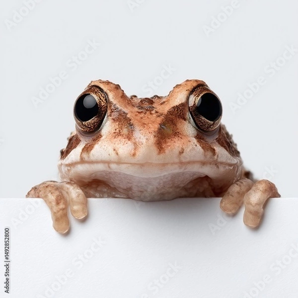 Fototapeta Close-up of a curious frog peeking over a blank surface, set against a minimalist background