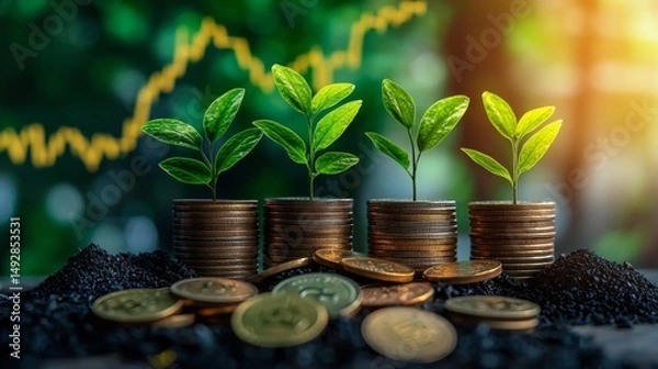 Obraz The intersection of nature and finance illustrated through green life atop currency.