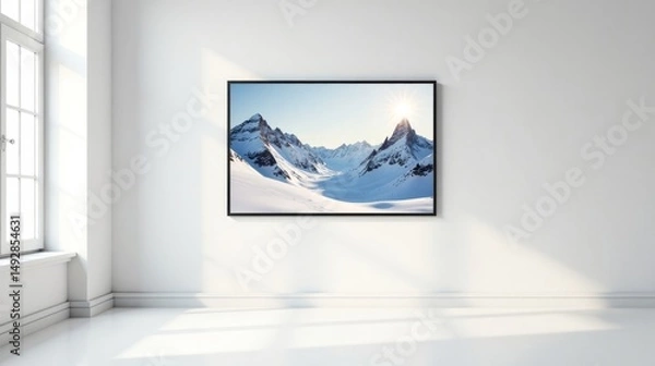 Fototapeta A Breathtaking Panoramic View of Majestic Snow-Capped Mountains, Gracefully Displayed in a Modern Minimalist Interior Setting