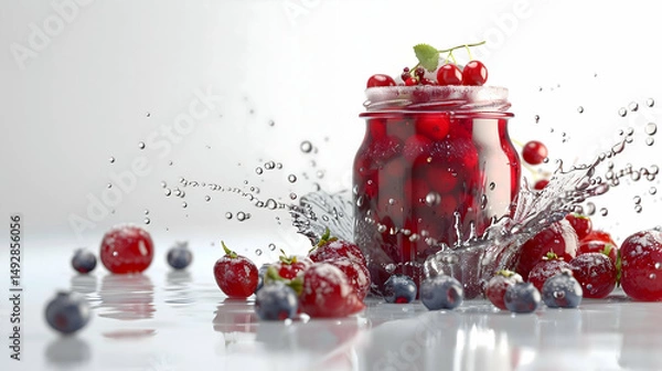 Fototapeta A calming array of a jar of berry jam--cranberry, blueberry, and raspberry--styled with fresh and frozen berries, placed on a frosted glass or wooden surface. A splash of water adds movement.