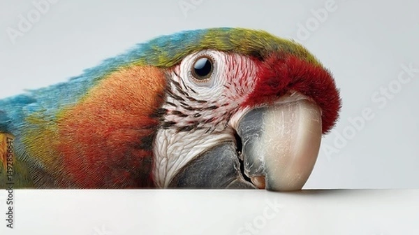 Fototapeta Close-up of a colorful parrot peeking over a surface with a soft background, showcasing vibrant feathers