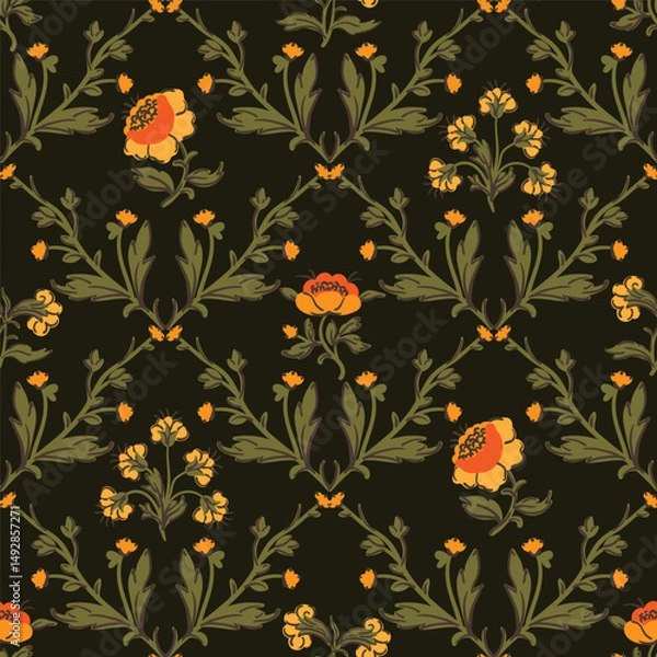 Fototapeta Coquette trellis floral seamless pattern, azulejo background for fabric, wallpaper wrapping, clothes
