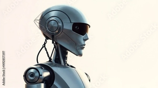Fototapeta futuristic humanoid robot with sleek metallic body and polished helmet for use in sci fi design or advanced technology concepts