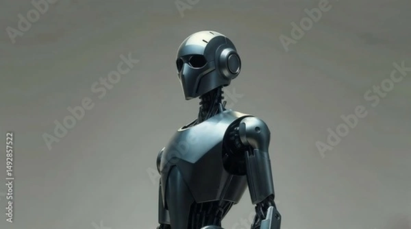 Fototapeta sleek black humanoid robot with mechanical joints on neutral gray background for use in sci fi technology or robotics presentations