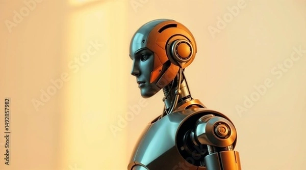 Fototapeta futuristic humanoid robot with intricate joints on warm yellow background for use in technology visuals or sci fi concepts