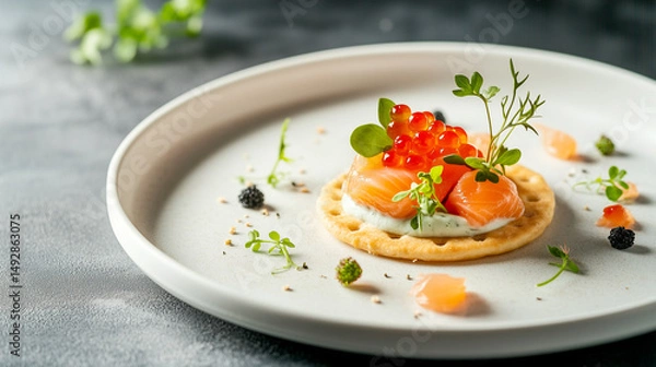 Fototapeta Fine dinning chefs compliment - biscuit with cream, red fish and caviar on top. Mini appetizer bite