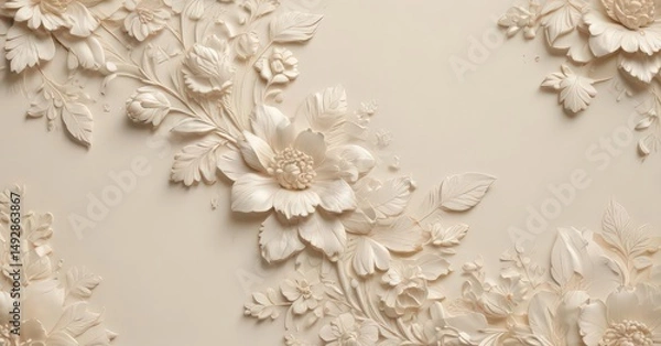 Fototapeta Delicate cream background with embossed floral pattern, elegant texture, rose, soft