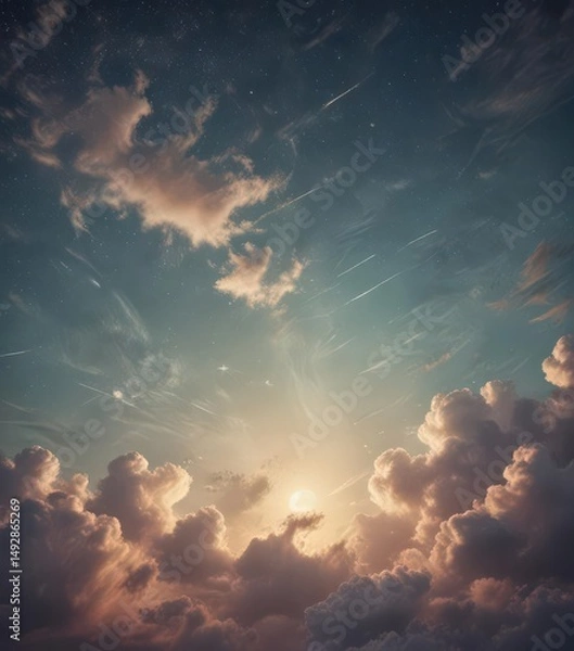 Fototapeta Faded retro sky on distressed paper, wispy clouds, twinkling stars , cosmos, black