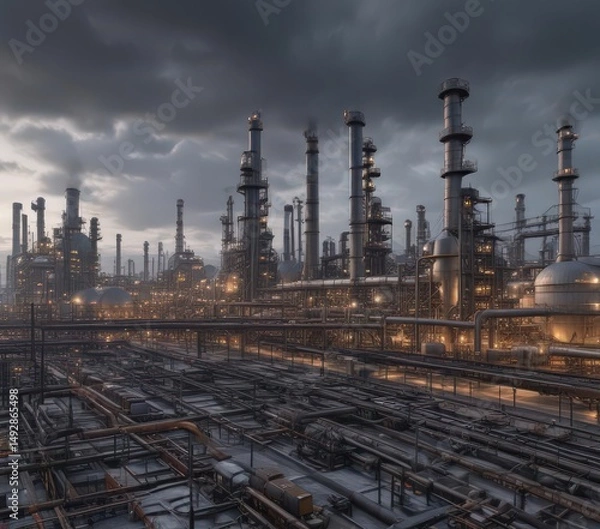 Fototapeta Vast oil refinery viewed from industrial area, overcast sky, extensive infrastructure ,  overcast,  cityscape,  landscape