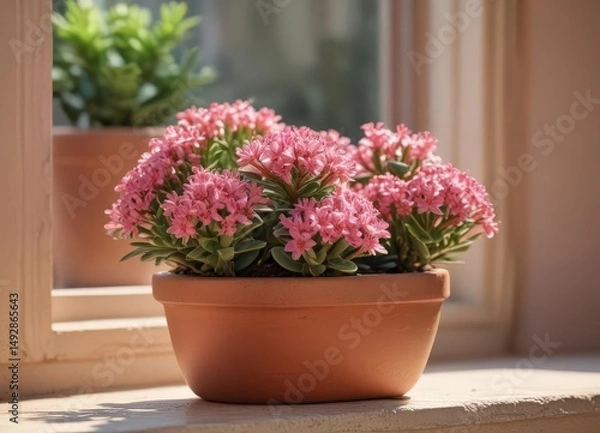Fototapeta Pink crassula blossoms in terracotta pot on sunny windowsill,  fresh,  nature,  botany