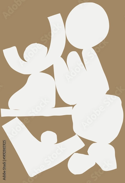 Fototapeta Minimalist contemporary art white cutout shapes and figures on a dark beige background, arranged in a balanced and modern layout. Vector poster design