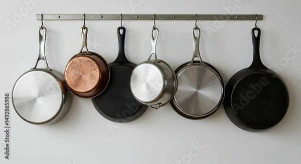 Obraz Various Kitchen Pots and Pans Hanging on Hooks in a Well Lit Clean White Background Studio Shot