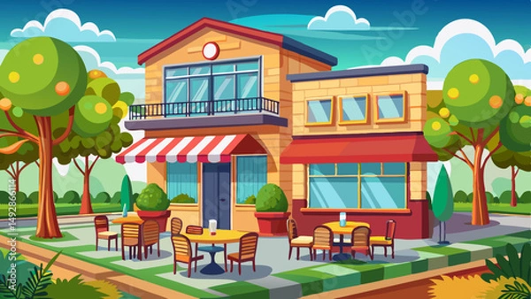 Obraz Cartoon café with outdoor seating, colorful trees, and sunny sky in cheerful urban park setting