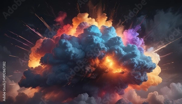 Fototapeta Chromatic cloud explodes in darkness, intense hues ,  splash,  vibrant,  multicolored