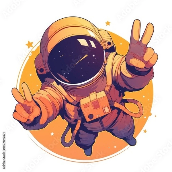 Obraz Colorful illustration of an astronaut in space making peace signs.
